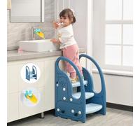 Growaystory Marchepied pour enfants, avec 3 marches, réglable en hauteur, sûr, tour d'apprentissage, marchepied pour bébé, bleu clair