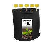 GROWMANIA Lot de 5 sacs de culture en tissu noir avec poignées de 12 litres de capacité pour plantes et fleurs rondes + étiquette cadeau