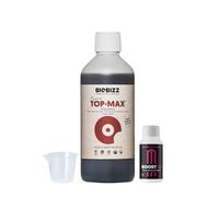 GROWMANIA Top Max de BioBizz 250 ml + Échantillon Boost Up de Up Nutrients + Verre doseur | Stimulateur de floraison organique | Idéal pour petites cultures et pots