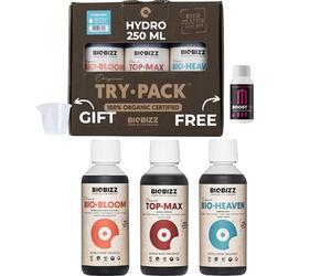 GROWMANIA Trypack Hydro Biobizz + échantillon Boost Up Nutriments + Verre doseur | Engrais Bio Bloom, Top Max et Bio Heaven pour plantes et cultures | Stimulation de la croissance