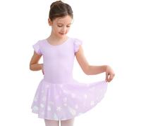GroYolan Robe de Ballet Fille Monopièce Justaucorps à Jupe Intégrée Manches Courtes Imprimé Méduse Voile Fluide Tissu Extensible et Respirant Tenue Danse/Gymnastique, 2-10 ans