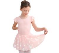 GroYolan Robe de Ballet Fille Monopièce Justaucorps à Jupe Intégrée Manches Courtes Imprimé Méduse Voile Fluide Tissu Extensible et Respirant Tenue Danse/Gymnastique, 2-10 ans