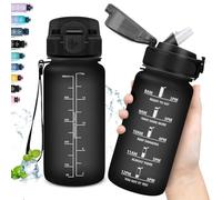 Grsta 500ml Gourde Enfant, avec Paille Anti-Fuite, Gourde Sport pour Garçon & Fille, Facile à Nettoyer, Graduée avec Slogan de Motivation, pour l'École, Bureau, Extérieur, Noir