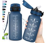 Grsta 500ml Gourde Enfant, Gourde Paille anti Fuite, Sport avec Marqueur de Temps, Motivation pour Garçons&Filles, Plastique pour l'École, Bureau, Extérieur, Navibleu