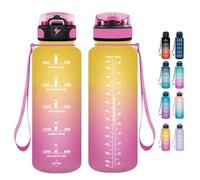 Grsta Gourde 1.5l, Gourde Motivation Avec Paille, sans BPA, Gourde Sport, Bouteille d'eau avec Marqueur de Temps pour le Camping, la randonnée - Jaune-Rose