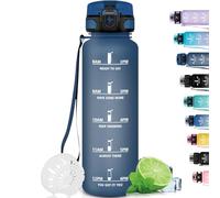 Grsta Gourde 1l, Sport Anti-Fuite, Filtrante, Facile à Nettoyer, Reutilisable avec Slogan de Motivation, Gourde anti Fuite, pour Running, Vélo, Camping, Navibleu