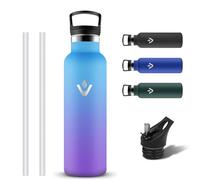 Grsta Gourde Isotherme, Anti Fuite Bouteille Isotherme 750ml sans BPA, Gourde Inox avec Paille, Gourdes Sport avec 2 Bouchons, Bouteille d'eau en Acier Inoxydable pour Cyclisme, École, Camping