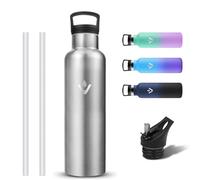 Grsta Gourde Isotherme, Anti Fuite Gourde 750ml avec Paille, Reutilisable Bouteille Isotherme sans BPA, Bouteille d'eau en Acier Inoxydable, Gourdes Inox avec 2 Bouchons pour Voyage, Cyclisme, Velo