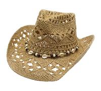 Grtheenumb Chapeau de Cowboy de Paille, Grand Chapeau Cow-Girl Paille à Bord Large, Protection Solaire Creux la Bonnet Occidentale pour Les Vacances à la Plage d'été, Khaki