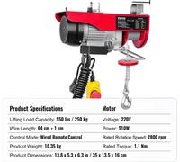 Grue de levage électrique, capacité 250 kg, moteur 510W, télécommande, câblée 250kg