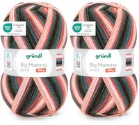 Gründl Big Mamma Print - Laine XXL à tricoter - grosse pelote 400 g / 1040 m - dégradé de laine en 100% polyacrylique - pêche-rouille rouge-pin vert-blanc (Lot de 2)