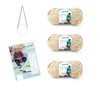 Gründl Funny Lot de 3 pelotes de laine chenille veloutée pour tricot et crochet 3 x 100 g + aiguilles 5-6 + instructions pour couverture de bébé Beige