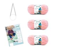 Gründl Funny Lot de 3 pelotes de laine chenille veloutée pour tricot et crochet 3 x 100 g + aiguilles 5-6 + instructions pour couverture de bébé et ouate de sucre