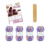 Gründl Kit de tricot laine feutrée couleur (certifié Oeko-Tex, 100 laine vierge, 4 x 50 g + aiguille 8-9 + instructions pour chaussons), 25 x 16 x 7 cm, lilas, bleu-multicolore