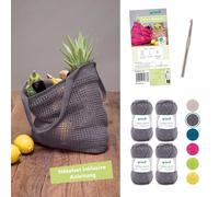 Gründl Laine Cotton Quick uni - fil à crocheter pour un filet de courses avec instructions et aiguille - brillante et agréable pour la peau - 100% coton - 4 pelotes 50 g / 125 m -Mouse Grey