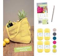 Gründl Laine Cotton Quick uni - fil à crocheter pour un filet de courses avec instructions et aiguille - brillante et agréable pour la peau - 100% coton - 4 pelotes 50 g / 125 m -Jaune