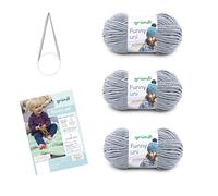 Gründl Laine Funny uni - Laine chenille douce avec aiguille et instructions pour une couverture bébé - 100% polyester - 3 pelotes 100 g / 120 m - Taille d’aiguille 5-6 -gris clair