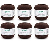 Gründl Laine Häkelgarn 100 - Laine Fine Estivale pour Le Crochet - Brillante et Lavable - Fil de Coton - 100% Coton - 6 pelotes 100 g / 566 m - Taille d’Aiguille 1,5 - 2 - Chocolat
