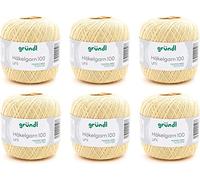Gründl Laine Häkelgarn 100 (Fil à Crocheter en 100% Coton mercerisé, 100 g / 566 m, Taille d'aiguille : 1,5-2, 6 x 100 g), Jaune Pastel