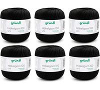 Gründl Laine Häkelgarn 100 - Laine Fine Estivale pour Le Crochet - Brillante et Lavable - Fil de Coton - 100% Coton - 6 pelotes 100 g / 566 m - Taille d’Aiguille 1,5 - 2 - Noir