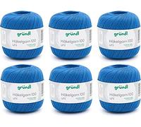 Gründl Laine Häkelgarn 100 - Laine Fine Estivale pour Le Crochet - Brillante et Lavable - Fil de Coton - 100% Coton - 6 pelotes 100 g / 566 m - Taille d’Aiguille 1,5 - 2 - Bleu Royal