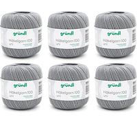 Gründl Laine Häkelgarn 100 - Laine Fine Estivale pour Le Crochet - Brillante et Lavable - Fil de Coton - 100% Coton - 6 pelotes 100 g / 566 m - Taille d’Aiguille 1,5 - 2 - Gris Clair