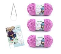 Gründl Laine pour tricoter Ensemble de tricot Funny uni (fil chenille velouté) 3 x 100 g + aiguilles 5-6 + instructions pour une couverture pour bébé, fuchsia