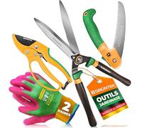 GRÜNTEK Idée Cadeau Jardinage pour Jardinier Homme et Femme: Cisailles à Haie, Sécateur de Jardin à Cliquet, Scie d'Élagage Pliante, Gants de Jardinage L/9 en Bambou (2 paires). Kit Outils de jardin