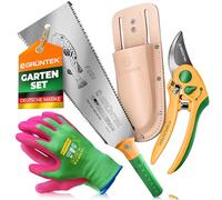 GRÜNTEK Kit Outils Jardinage Lot 4 pièces : Sécateur Cisailles de Jardin + Scie Japonaise 300 mm + Étui en Cuir + 1 Paire de Gants L/9 en Bambou. Idée Cadeau Homme Femme