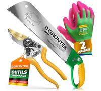 GRÜNTEK Kit Outils Jardinage : Sécateur de jardin + Scie japonaise 520 mm avec 2 lames + 2 Paires de Gants Jardinage L/9 en Bambou. Idée Cadeau Homme femme