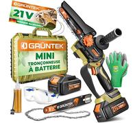 GRÜNTEK Mini Tronçonneuse à Batterie Sans Fil Brushless 21V Élagueuse de Jardin avec 2 Batteries 3,0Ah, 2 Chaînes, Lame 6 Pouces, Gants et Lunettes