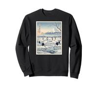 Grues dans Un Marais Enneigé Mont Fuji et Soleil Levant Ukiyo-e Sweatshirt