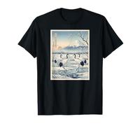 Grues dans Un Marais Enneigé Mont Fuji et Soleil Levant Ukiyo-e T-Shirt