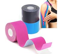 Grunda- 3 Rouleaux Bande de kinésiologie, strap sport 5 m x 5 cm, Tape Kinesiologie, strapping Résistante tape kinesiologie Résiste à l'eau et dure jusqu'à 7 jours (noir x bleu x rose)