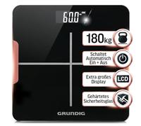 Grundig Pèse-personne numérique jusqu'à 180 kg, capteurs de haute précision, échelle de poids, verre de sécurité trempé 5 mm, écran LCD grands chiffres, noir, antidérapant