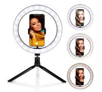 GRUNDIG Ring Light Selfie sur Trépied Grundig - Ring Light - ⌀ 25 CM - 3 Couleurs de Lumière - 11 Niveaux de Luminosité - Rechargeable Via USB - Support de Téléphone - Trépied - Éclairage LED
