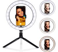 Grundig Ringlight sur trépied Selfie Ringlight ⌀ 25 CM 3 couleurs de lumière 11 niveaux de luminosité Col flexible Rechargeable par USB Support de téléphone Trépied Éclairage LED