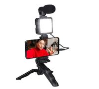 Grundig Trépied Téléphone avec Lampe - Tripod avec Microphone - LEDs avec 3 Réglages de Couleur - pour Téléphones de 53 à 84 MM - Modèle de Table et Perche à Selfies - Matériau en Plastique - Noir