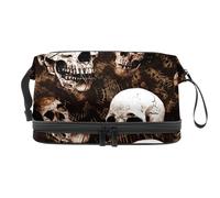 Grunge Dead Human Skull Trousse à maquillage double couche pour femmes et filles, trousse de toilette de voyage, trousse de maquillage, pochette de rangement pratique avec compartiment à brosse,