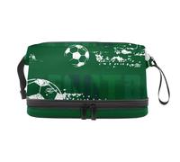 Grunge Football on Green Field Trousse à cosmétiques double couche pour femmes et filles Trousse de toilette de voyage Trousse de maquillage pratique avec compartiment à brosse, multicolore, 27x15x14