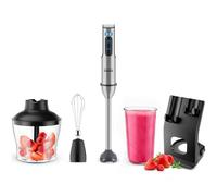 Grunkel - Mixeur plongeant puissant de 2 000 W en acier inoxydable, verre inclus et ensemble d'accessoires avec barre, hachoir et support, dentelle métallique et base en silicone, couleur argentée