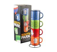 Grupo Erik – Lot de 4 tasses South Park – Porcelaine 300 ml, empilables, support métallique
