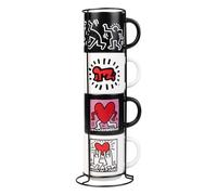 Grupo Erik - Lot de 4 Tasses à Café Keith Haring - Empilables avec Support Métallique, Tasses Compatibles Micro-ondes et Lave-vaisselle, Porcelaine