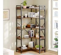 GRUSIGN Bibliothèque d'angle moderne à 5 niveaux avec cadre en métal robuste, grande étagère de rangement pour salon, bureau à domicile, chambre à coucher, design peu encombrant, marron rustique