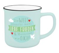 GRUSS & CO Gobelet avec motif monde | Tasse préférée en porcelaine New Bone China, aspect émail, bord noir, 35 cl | Cadeau d'amitié | 74667