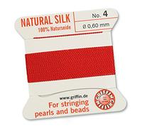 Gryphon 100% soie naturelle Perles Cordon/Cordon/Fil pour enfiler Perles ou Perles - Rouge - 2 metres avec une aiguille - choisissez à partir de 13 Tailles, Red, 0.60mm