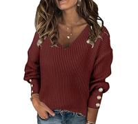 Gryvoilet Pull surdimensionné à col en V pour femme - Pull habillé décontracté et léger en tricot côtelé, bordeaux, Taille 3XL