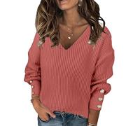 Gryvoilet Pull surdimensionné à col en V pour femme - Pull habillé décontracté et léger en tricot côtelé, Rouge, Taille 4XL