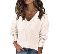 Gryvoilet Pull surdimensionné à col en V pour femme - Pull habillé décontracté et léger en tricot côtelé, blanc, Taille M