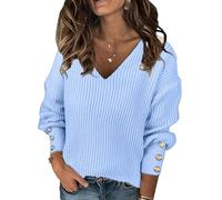 Gryvoilet Pull surdimensionné à col en V pour femme - Pull habillé décontracté et léger en tricot côtelé, bleu ciel, XX-Large